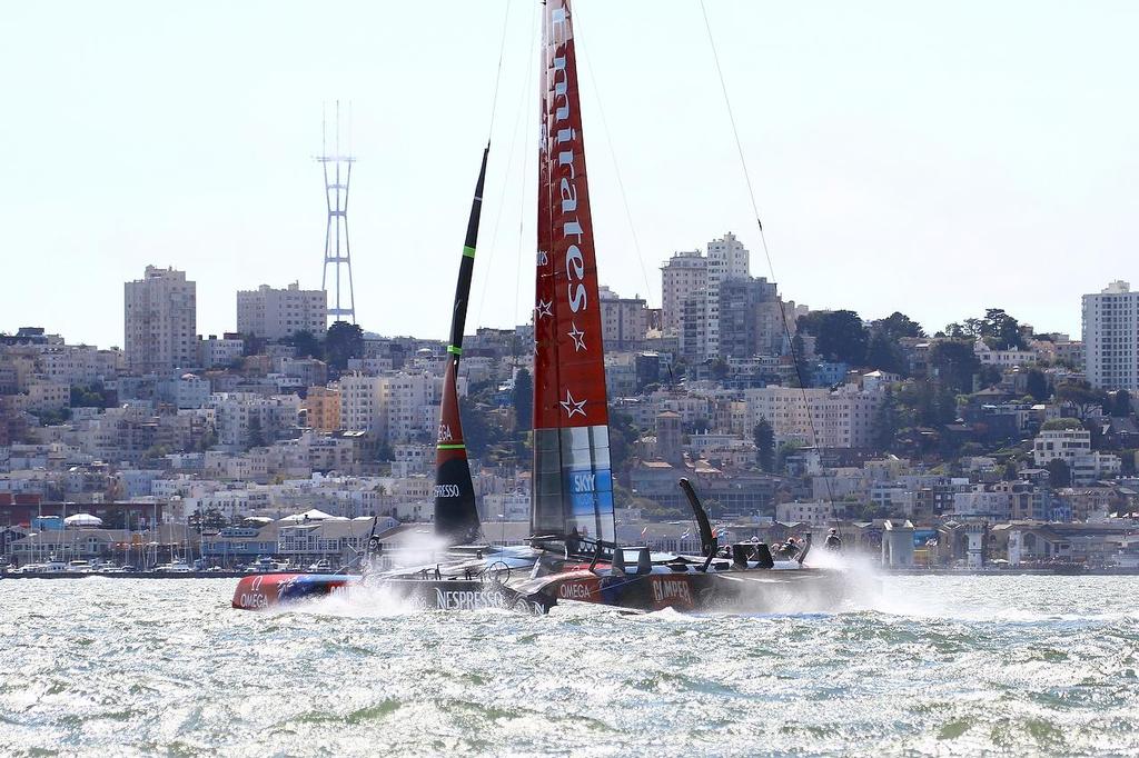 Oracle Team USA v Emirates Team New Zealand. America’s Cup Day 3, San Francisco. Emirates Team NZ heads for the finish line of Race 5 © Richard Gladwell www.photosport.co.nz